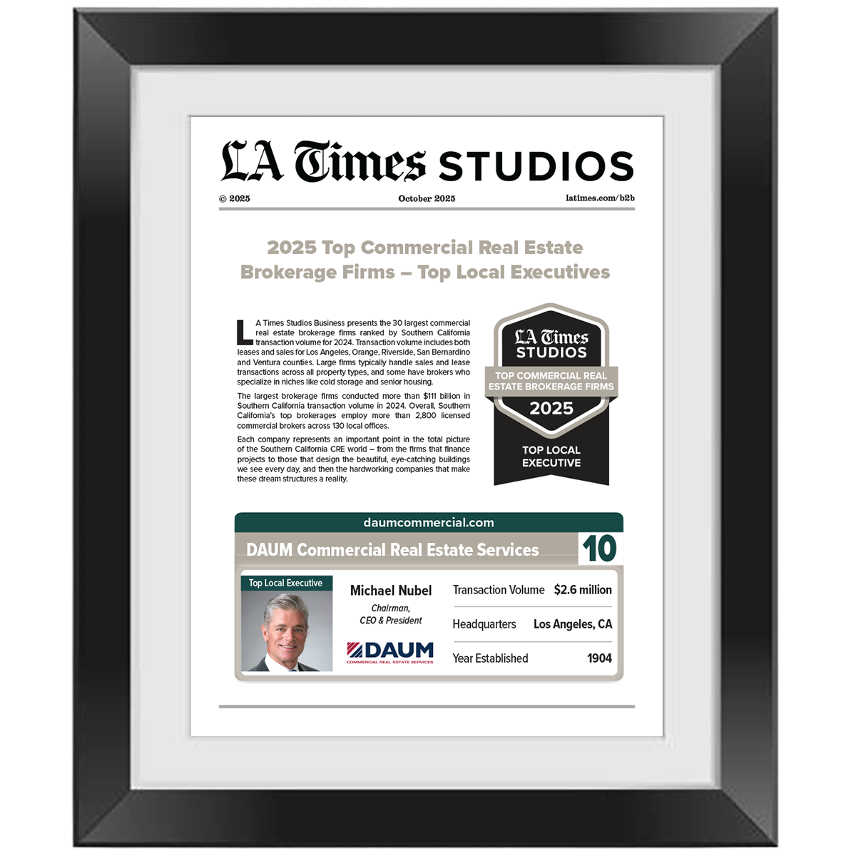 2025 Top Commercial Real Estate Brokerage Firms: Top Local Executive – Article in Black Frame