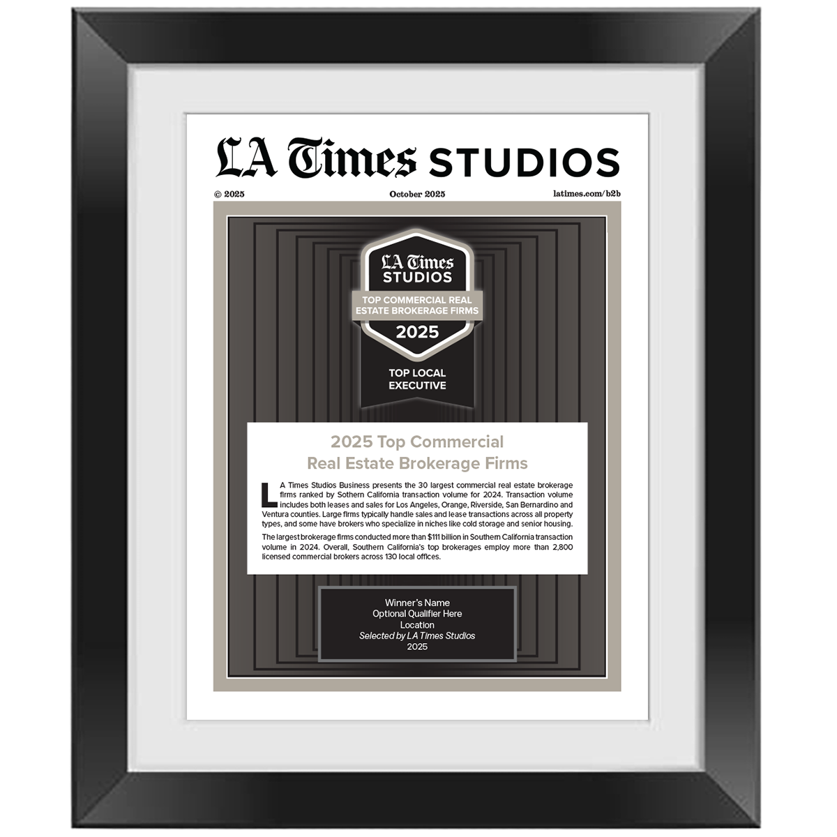 2025 Top Commercial Real Estate Brokerage Firms: Top Local Executive – Article in Black Frame