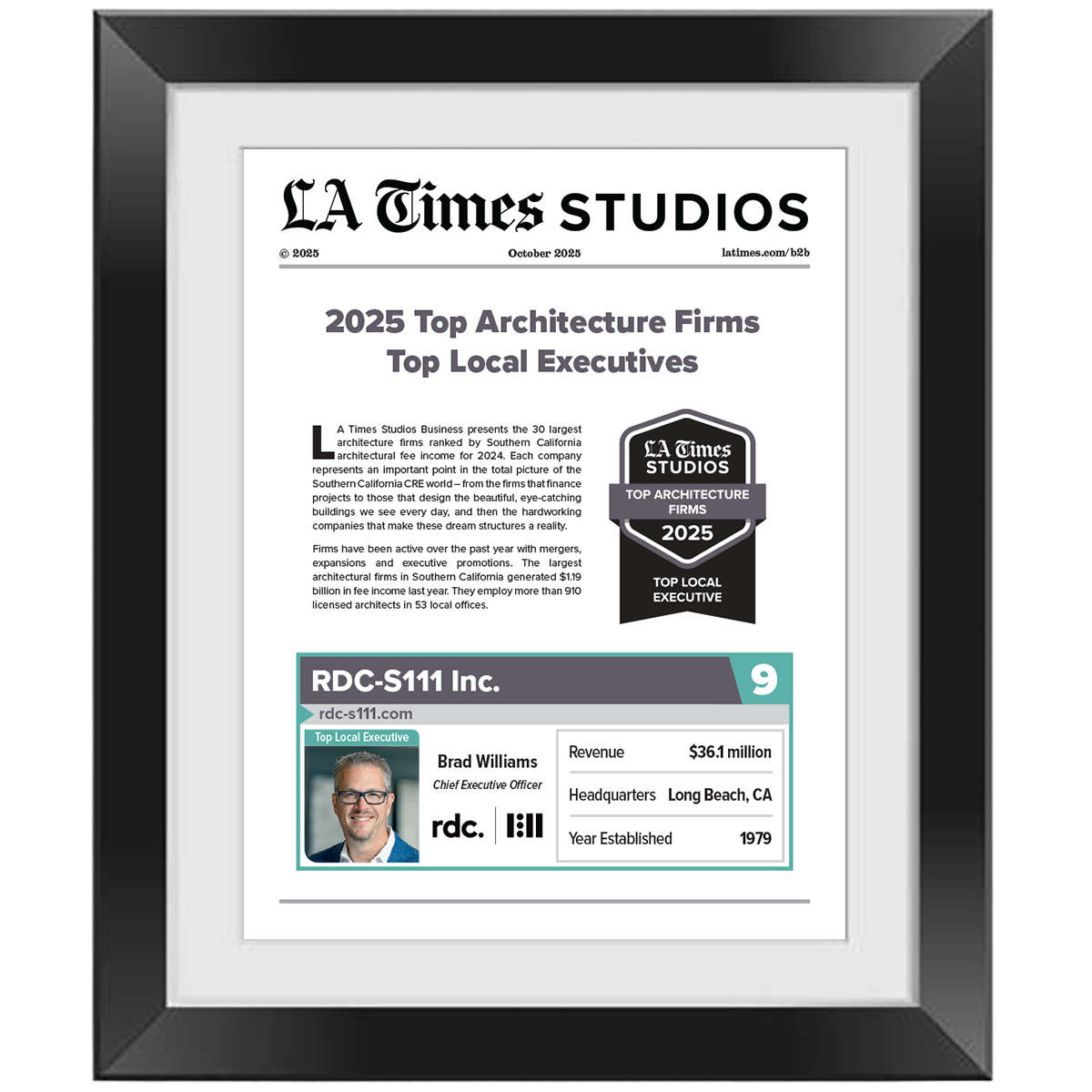 2025 Top Architecture Firms: Top Local Executive – Article in Black Frame