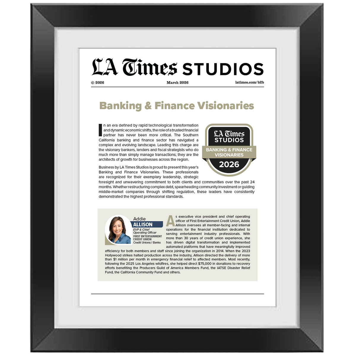 2026 Banking & Finance Visionaries – Article in Black Frame
