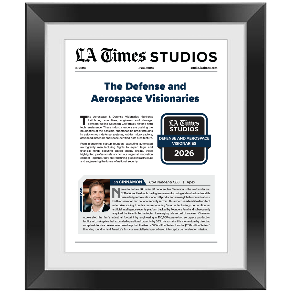2026 Defense and Aerospace Visionaries – Article in Black Frame