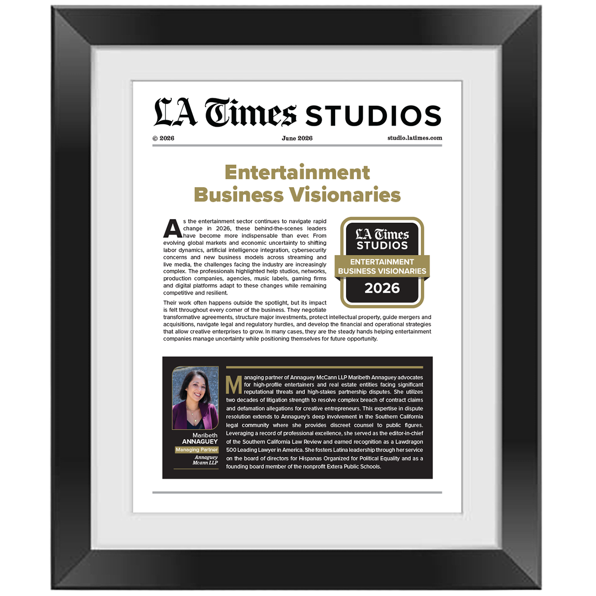 2026 Top Entertainment Business Visionaries – Article in Black Frame