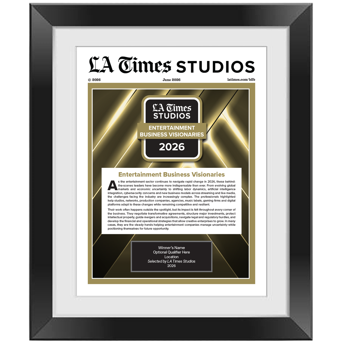 2026 Top Entertainment Business Visionaries – Article in Black Frame