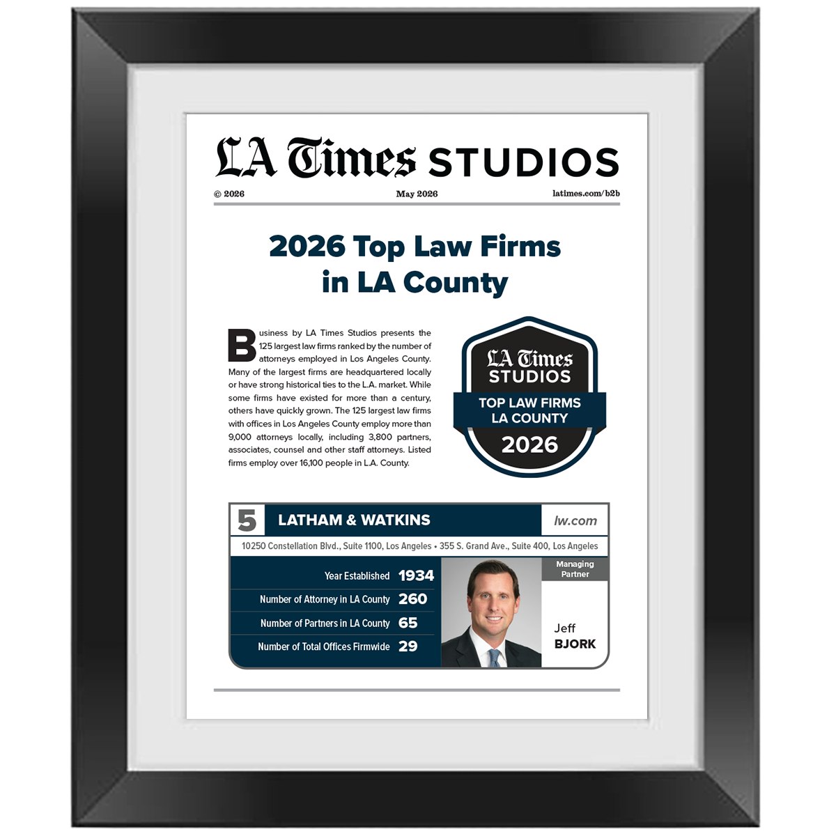 2026 Top Law Firms LA County   – Article in Black Frame