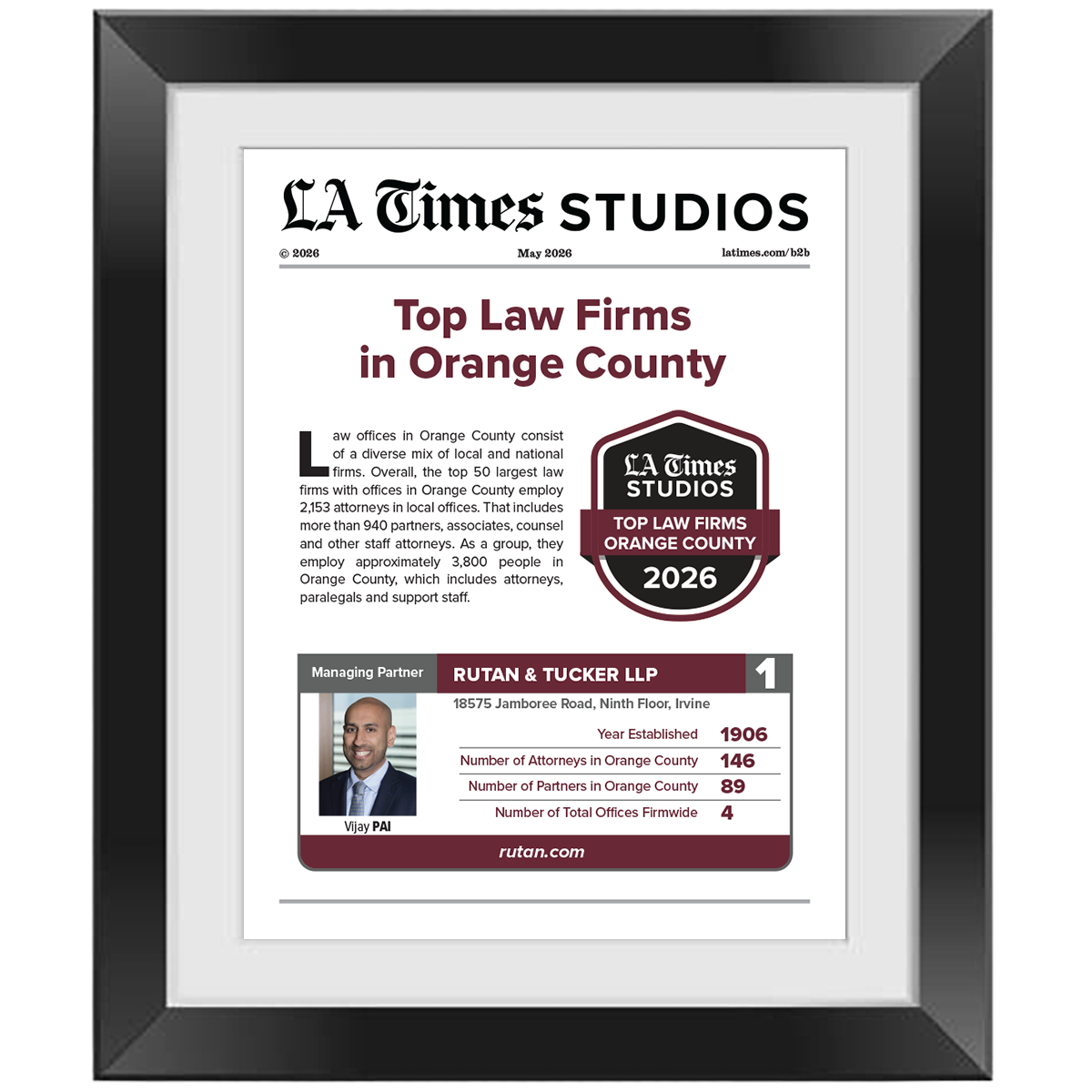 2026 Top Law Firms Orange County   – Article in Black Frame