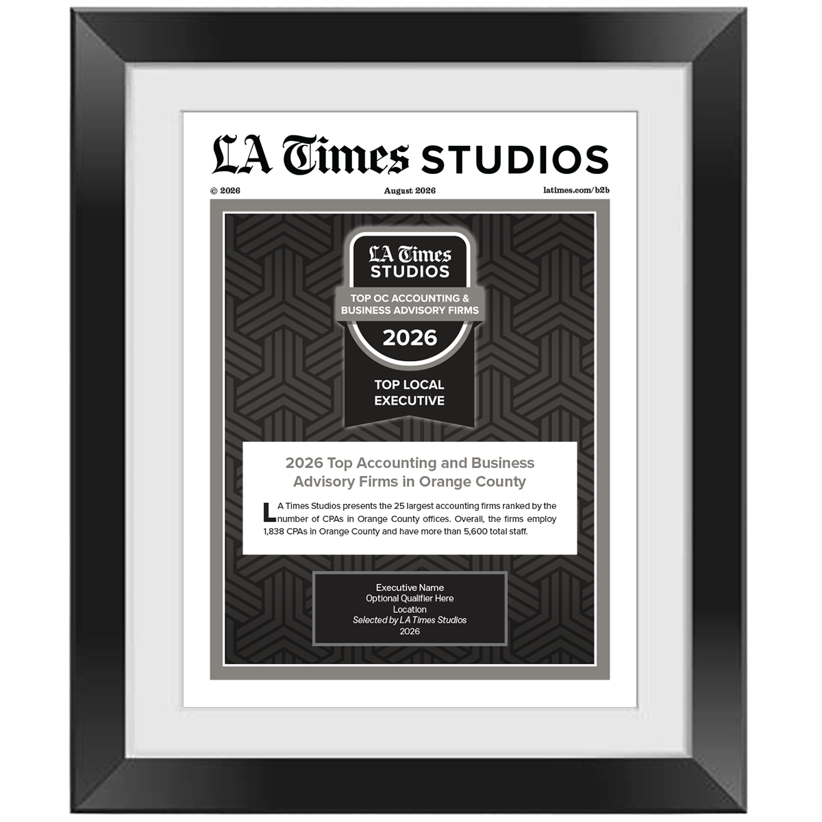 2026 Top OC Accounting & Business Advisory Firms: Top Local Executive – Article in Black Frame